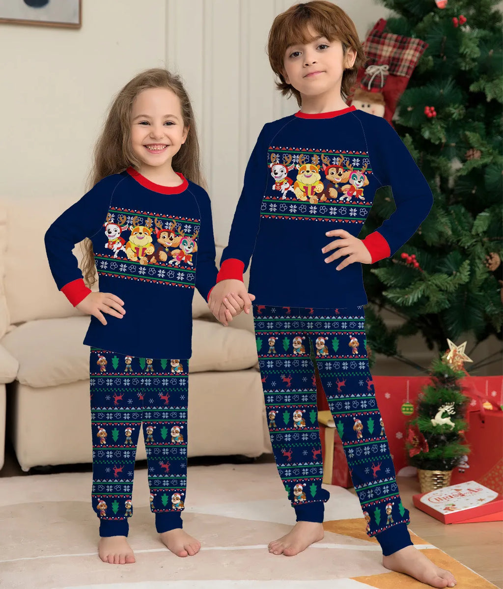 Matching family Christmas deer print plaid pyjamas set for men, women, children, and dog in soft cotton