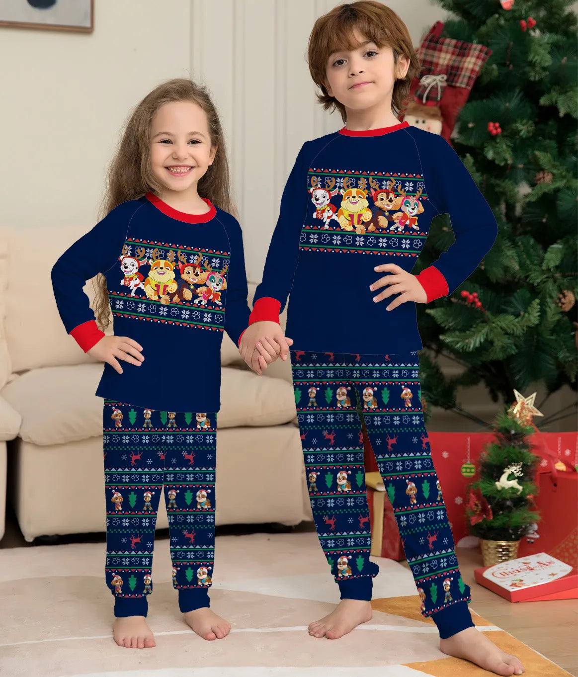 Matching family Christmas deer print plaid pyjamas set for men, women, children, and dog in soft cotton