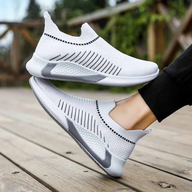 Men's mesh sock shoes with Flyknit upper and striped design in black, black white, and white colour options