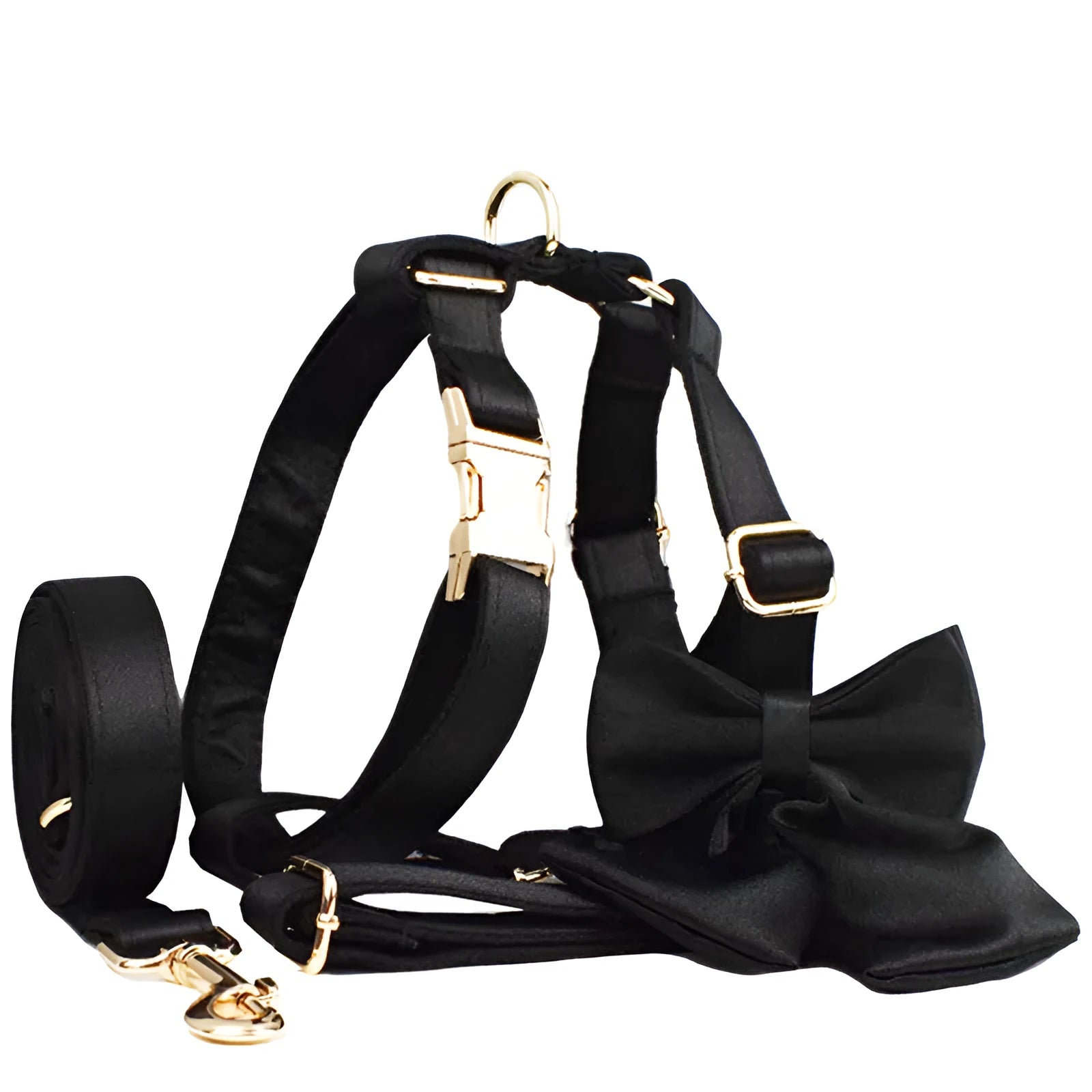 Dog collar harness set with matching leash, decorative bow, and cloth vest in multiple colour options