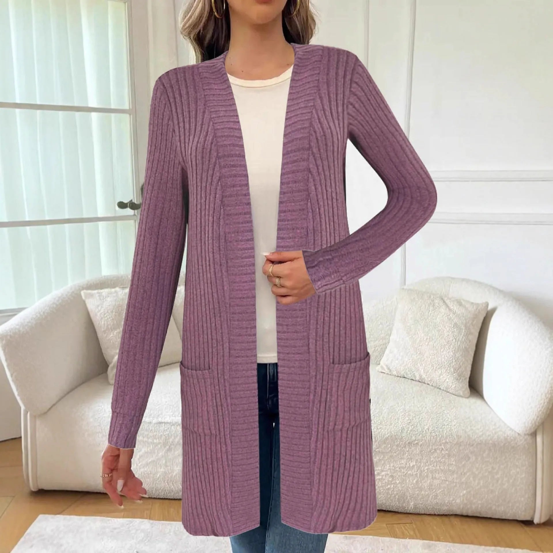 Plus size loose fit long sleeve knitted cardigan jacket in black, grey, or wine red.