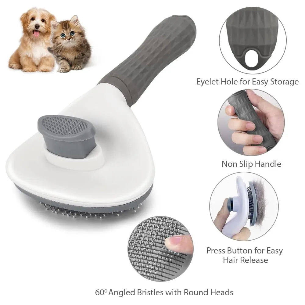 Cat grooming brush with release button in blue, grey or pink for removing loose fur and tangles