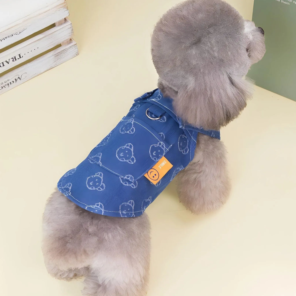 Blue denim Teddy Bichon pet dress in princess style with bracket skirt design