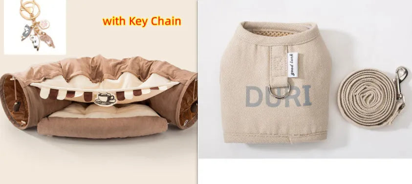 Collapsible cloth cat tunnel in choice of colours showing folded and unfolded states