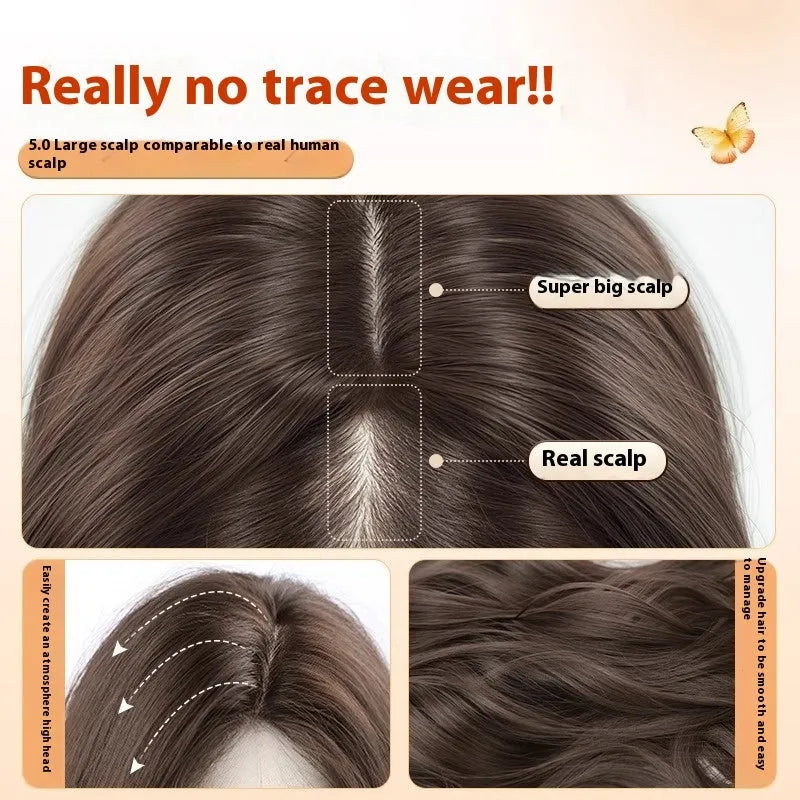Full-head wig with long curly hair and side bangs in high temperature fibre material