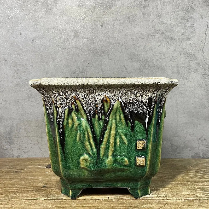 Square ceramic stoneware flower pot with decal pattern 22cm caliber green glaze change finish
