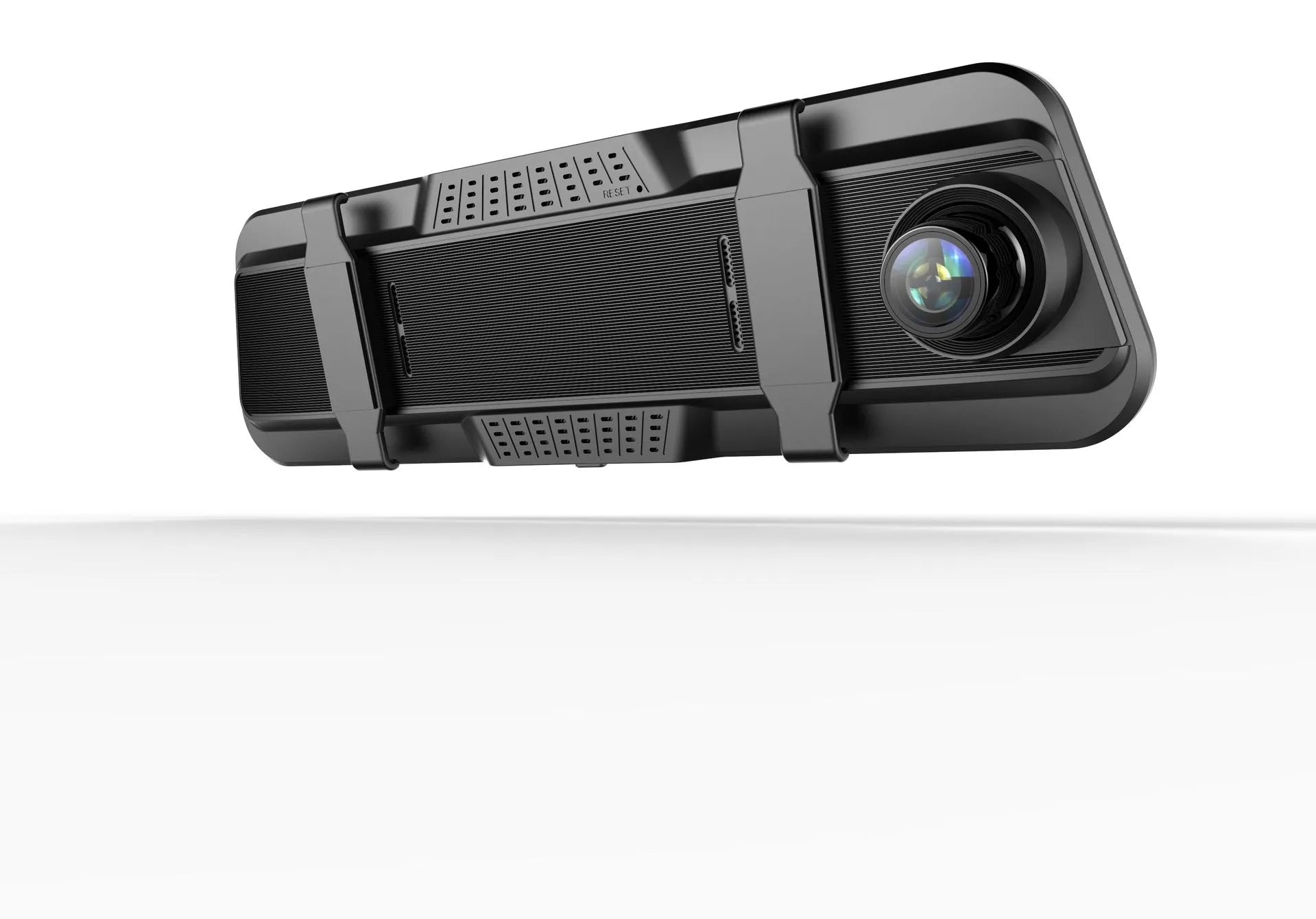 Dual-lens car dashboard camera with large touchscreen display mounted on a car windscreen