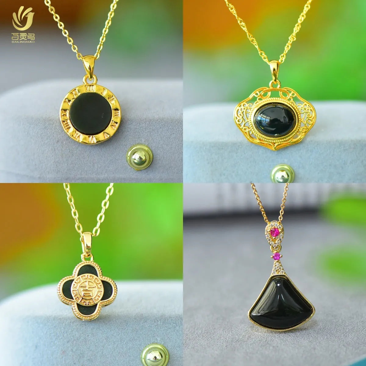 Flat grey Hetian Jade pendant with copper inlay and blue jadeware detail on a silver chain.