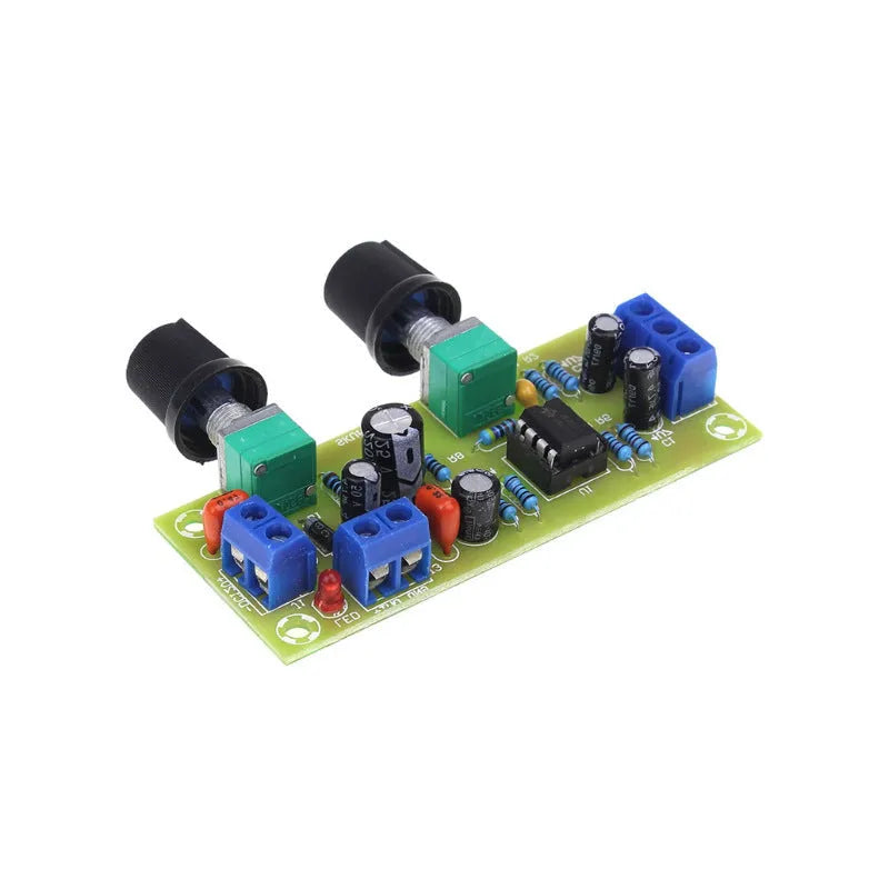 Single power supply 10-24V super dynamic bass boost front stage audio circuit board on a green FR-4 PCB.