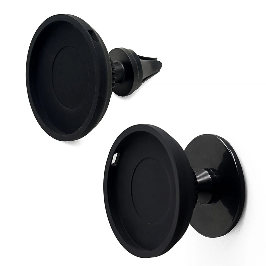 Black magnetic mobile phone car holder with snap-in design showing dual mounting options
