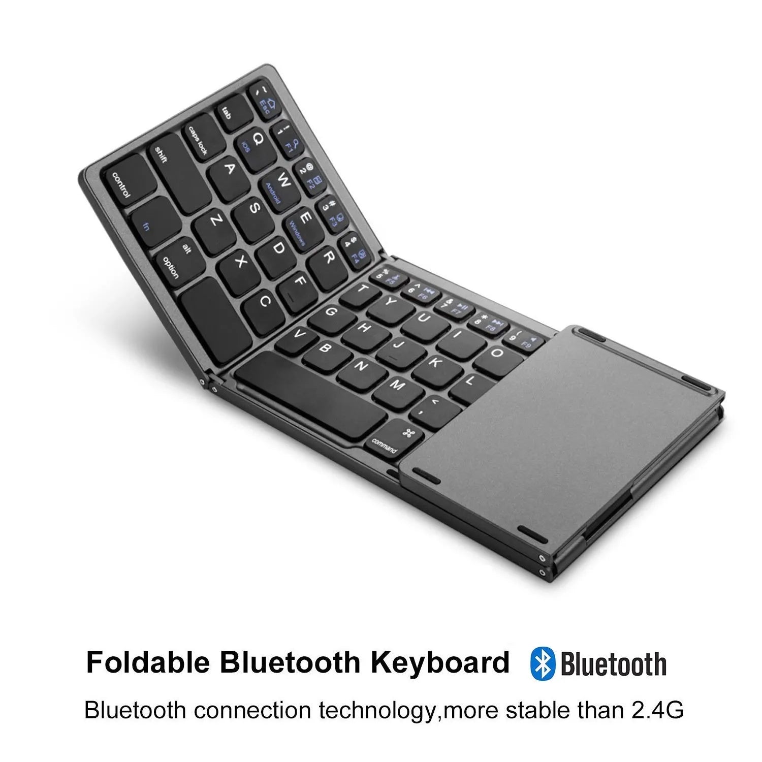 Tri-fold Bluetooth keyboard shown both folded and unfolded with black and silver colour options