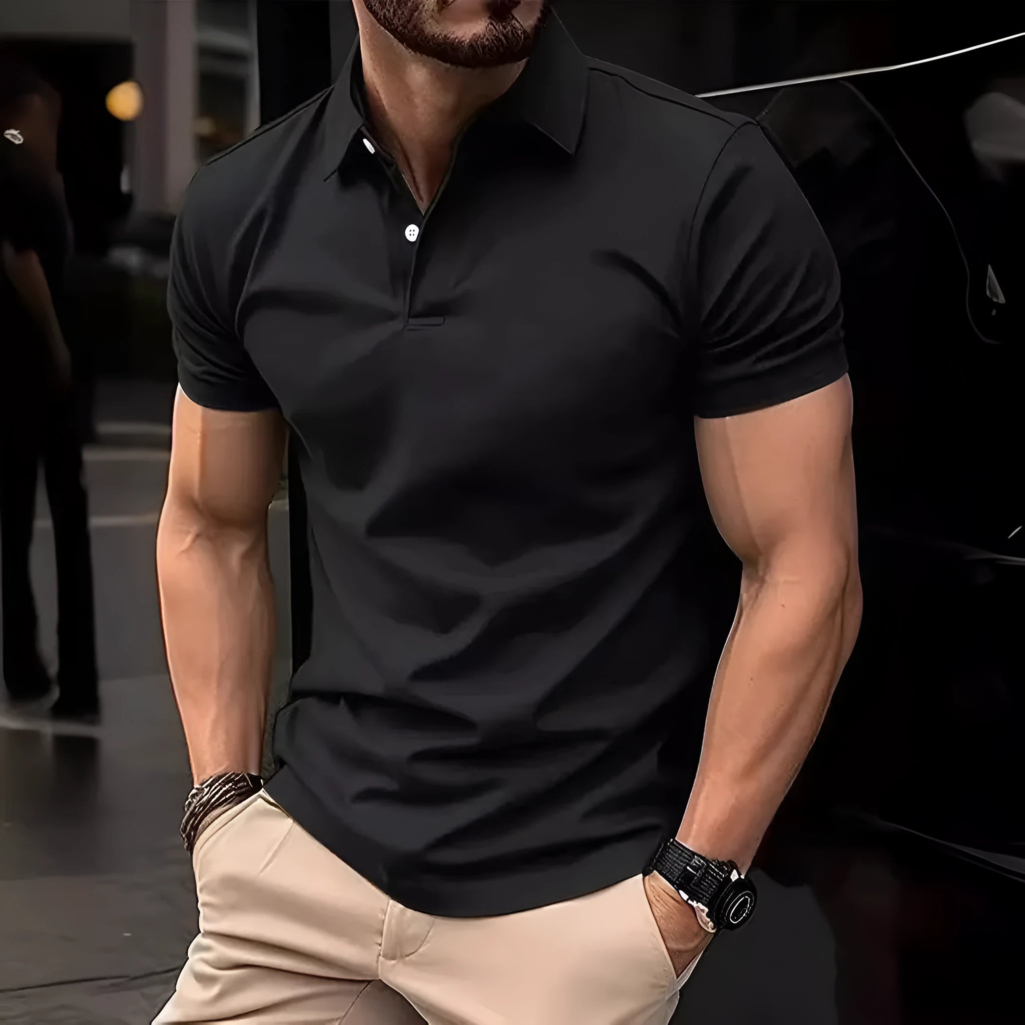 Men's slim fit solid colour cotton blend short sleeve button-down shirt on a hanger.
