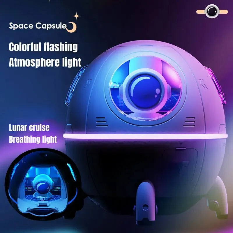 Light purple astronaut-themed USB humidifier with colourful LED lights on desktop