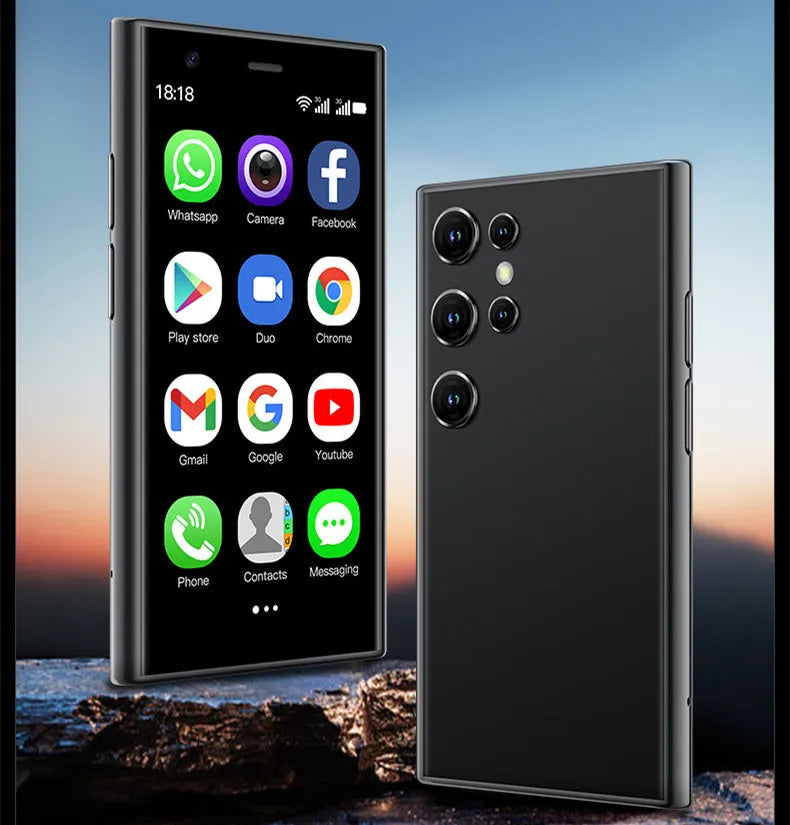 Mini Android smartphone with 30cm screen in black, green or pink purple colours showing compact design