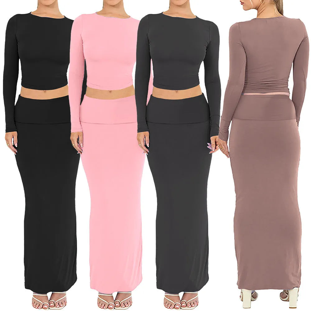 Women's autumn two-piece suit in polyester with long skirt and three-quarter sleeves in sweet style