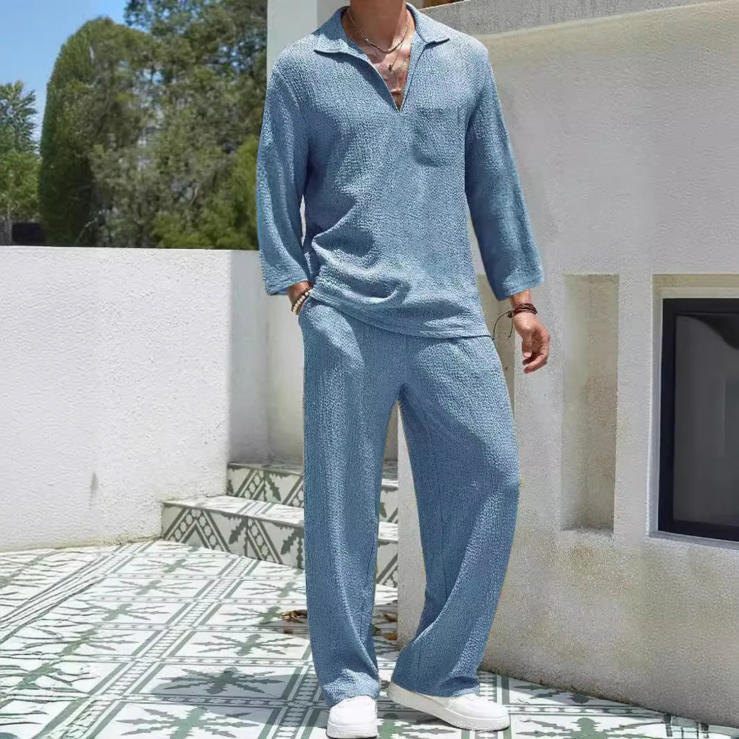 Men's casual polyester commuter suit with shirt and trousers in lake blue, khaki, black, or caramel colours