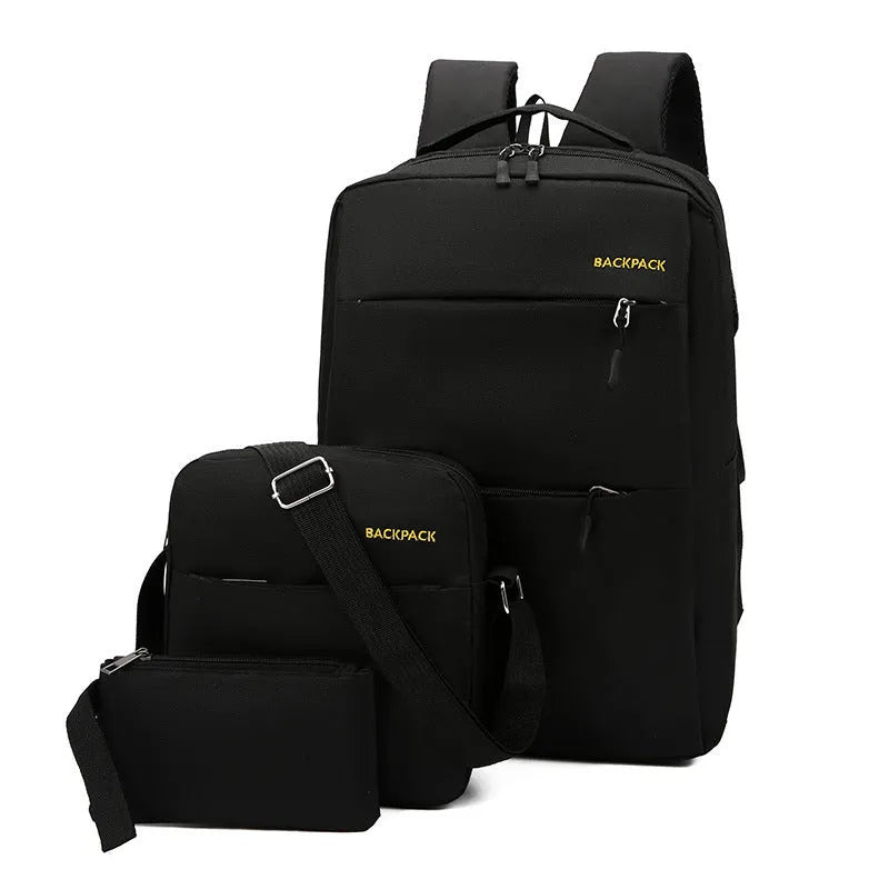 Men's USB charging three-piece nylon computer bag set in black, showing compartments and shoulder straps.