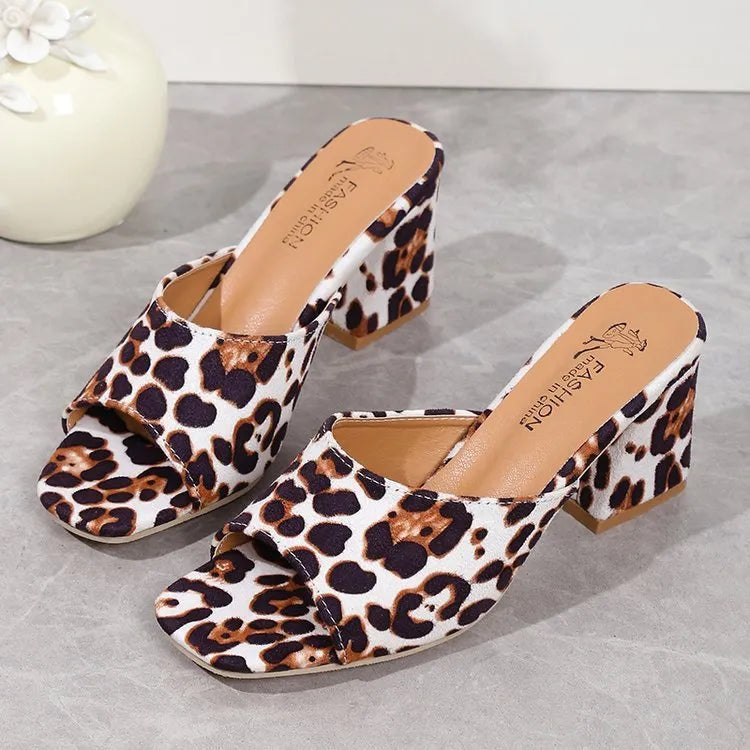 Leopard square toe chunky heel summer slippers for women in camel colour with rubber sole