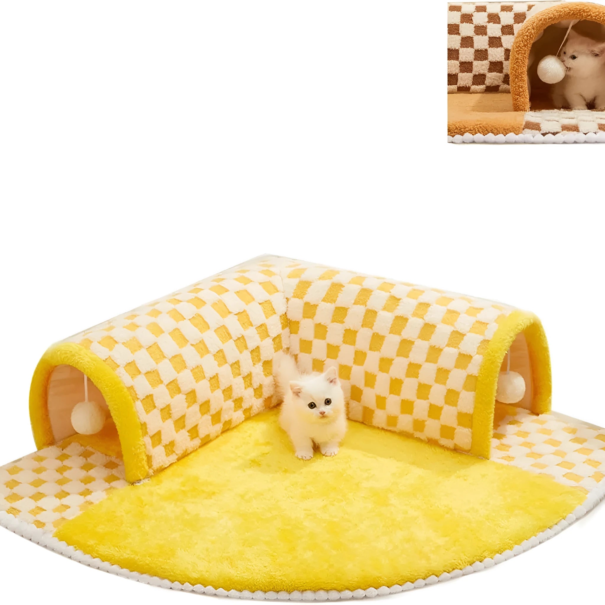 Brown plaid collapsible cat tunnel bed with a central mat on a wooden floor.