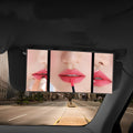 Silver folding car makeup mirror shown open and closed, next to a car visor.