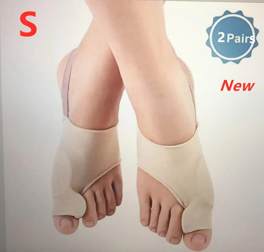 Valgus toe separator corrective socks with silicone gel bunion pad shown in sizes S, M, and L.