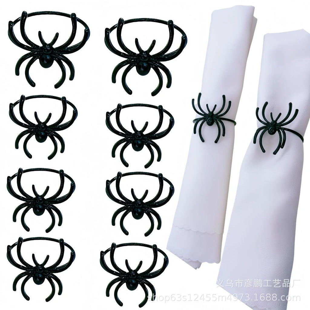 Six black spider alloy napkin rings for Halloween table decoration with electroplated finish