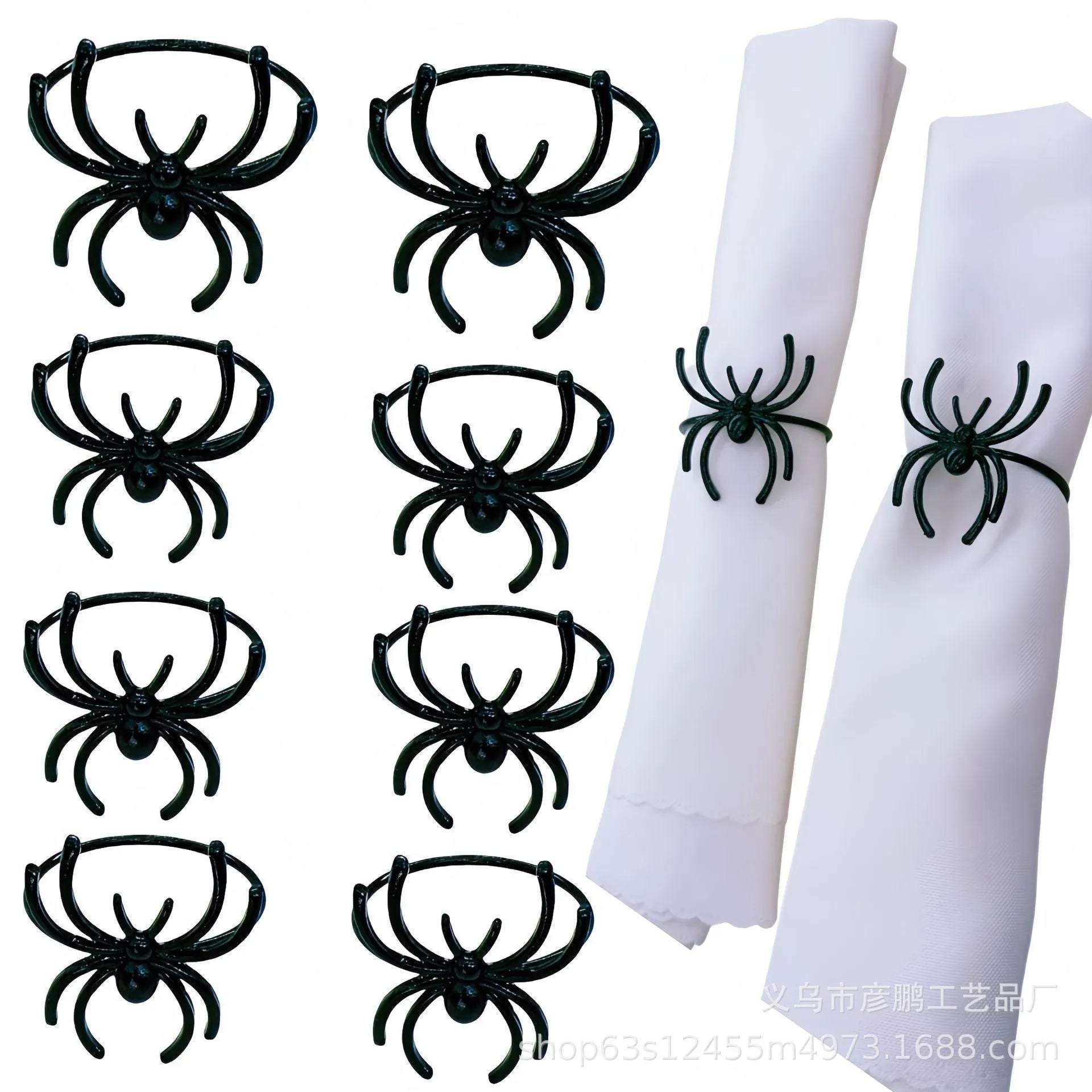 Six black spider alloy napkin rings for Halloween table decoration with electroplated finish