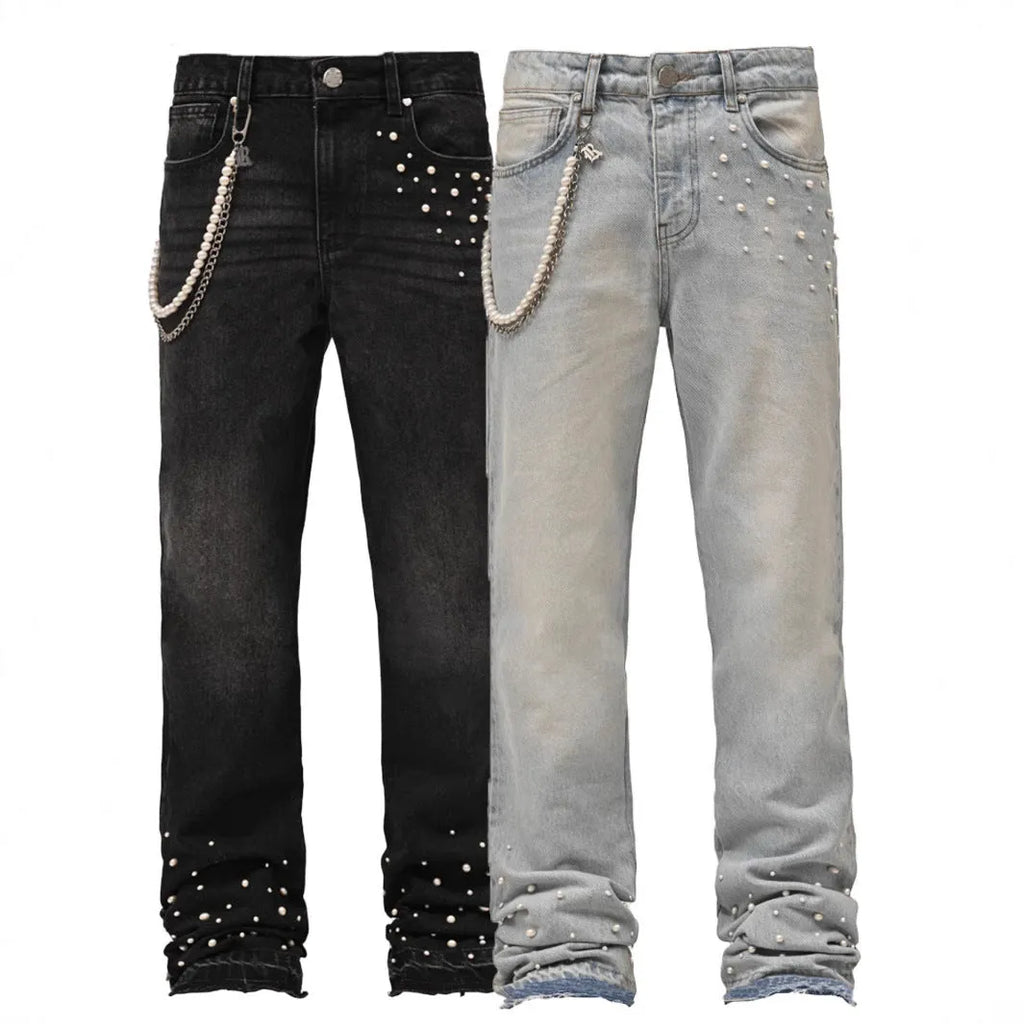 Men's street fashion elastic diamond denim straight-leg pants in light blue and black, cotton, sizes S to XL