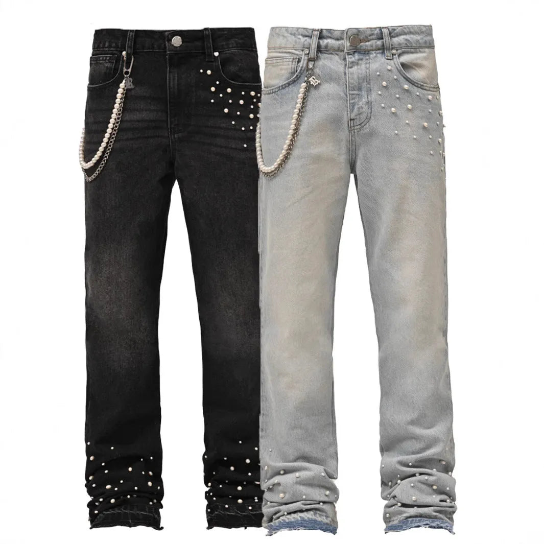 Men's street fashion elastic diamond denim straight-leg pants in light blue and black, cotton, sizes S to XL