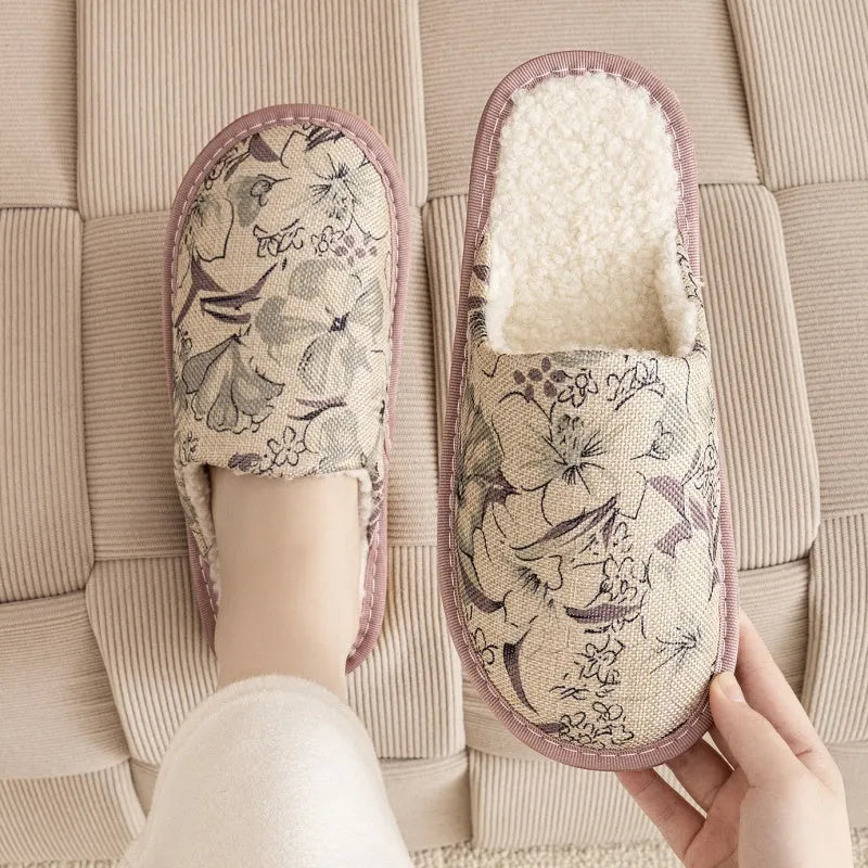Linen and cotton household slippers with PVC sole in a floral colour option showing size and material detail.