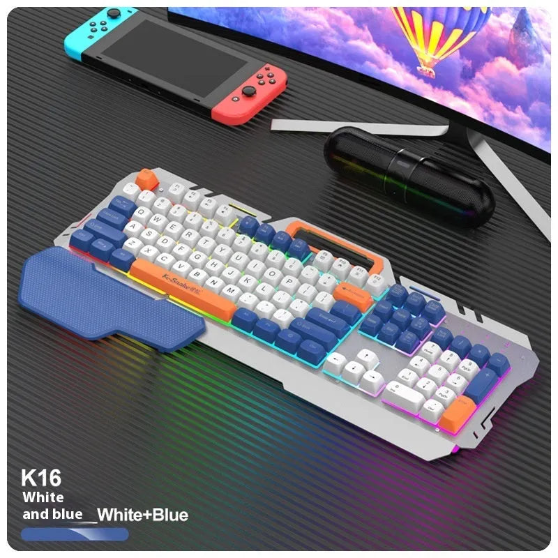 Blue and grey wired gaming keyboard and mouse set with backlit keys on desk