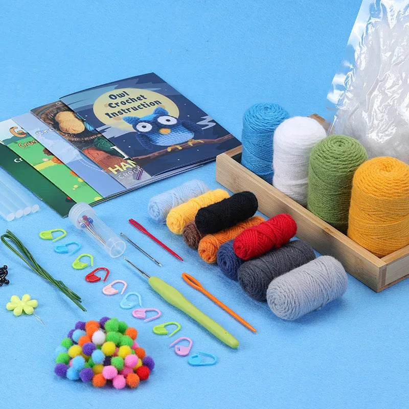 Ugly doll crocheted material package with white wool blend yarn ball and blue-yellow coaster model