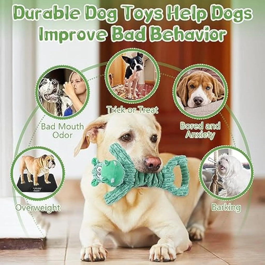 Large plush squeaky dog toy in hippo or monkey design with a handle for tug of war.