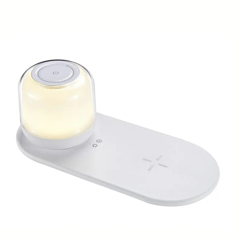 White fast charging wireless charger table lamp two-in-one with 15W max and 3000K night light on a desk