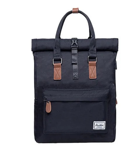 Men's casual polyester backpack in black showing cover-type opening and laptop pocket