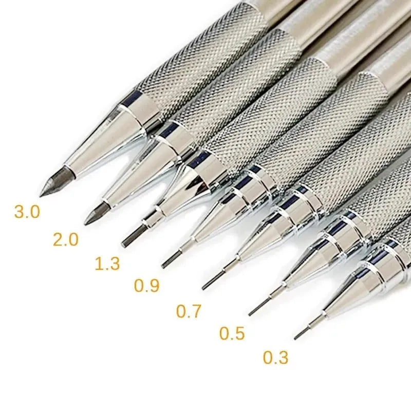 Metal automatic mechanical pencil with retractable tip, shown with compatible lead sizes from 0.3mm to 3.0mm.