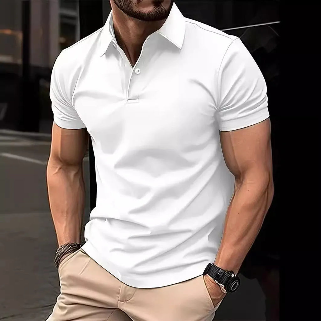 Men's slim fit solid colour cotton blend short sleeve button-down shirt on a hanger.