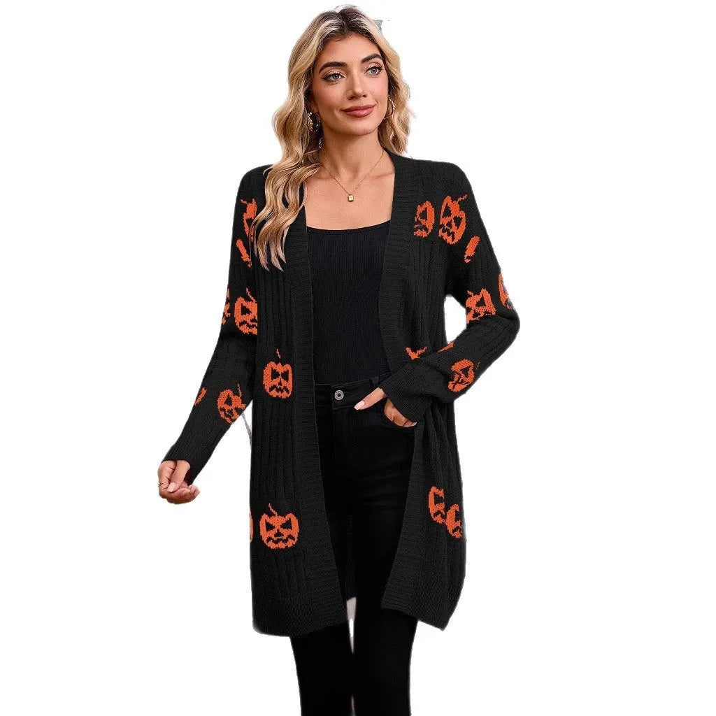 Women's black Halloween cardigan with knitted pumpkin head pattern, straight fit with regular sleeves