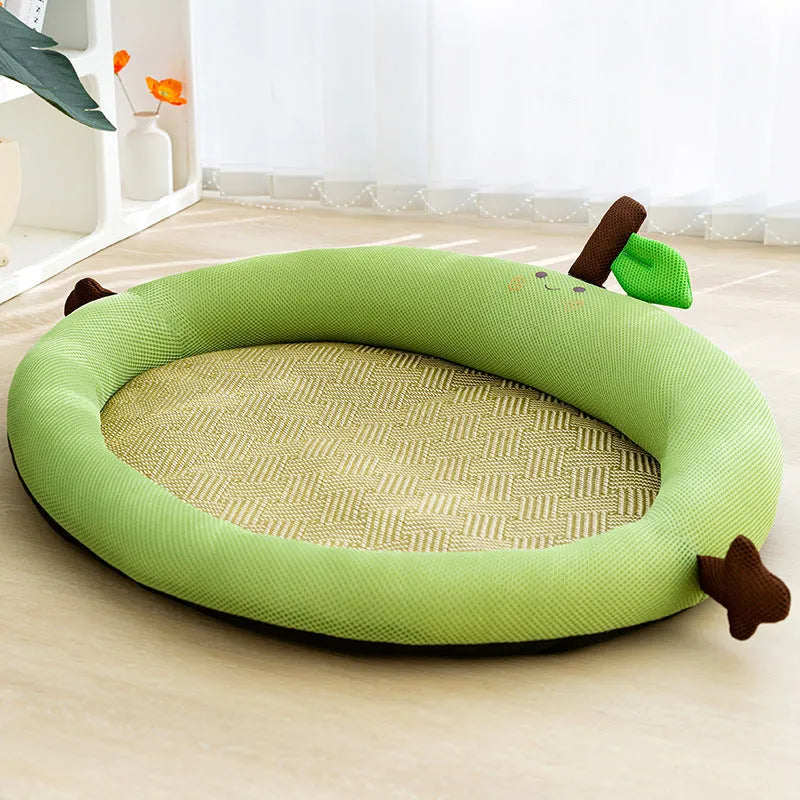 Green pet cooling bed with fruit-shaped backrest in large size for dogs