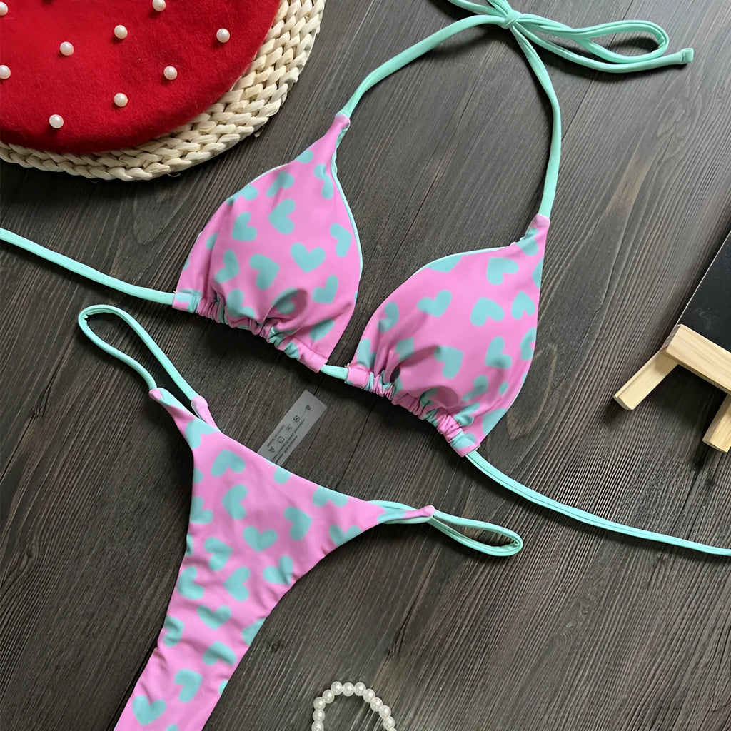Heart print backless swimsuit with high-cut split briefs in nylon fabric with cotton lining