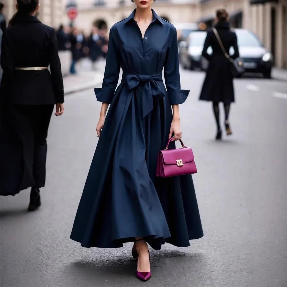 Solid colour maxi dress with lace-up front and asymmetric hem, in beige, black, navy blue or purplish red, polyester pullover style