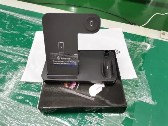 Black folding 4-in-1 wireless charger with vertical stand design for Apple devices