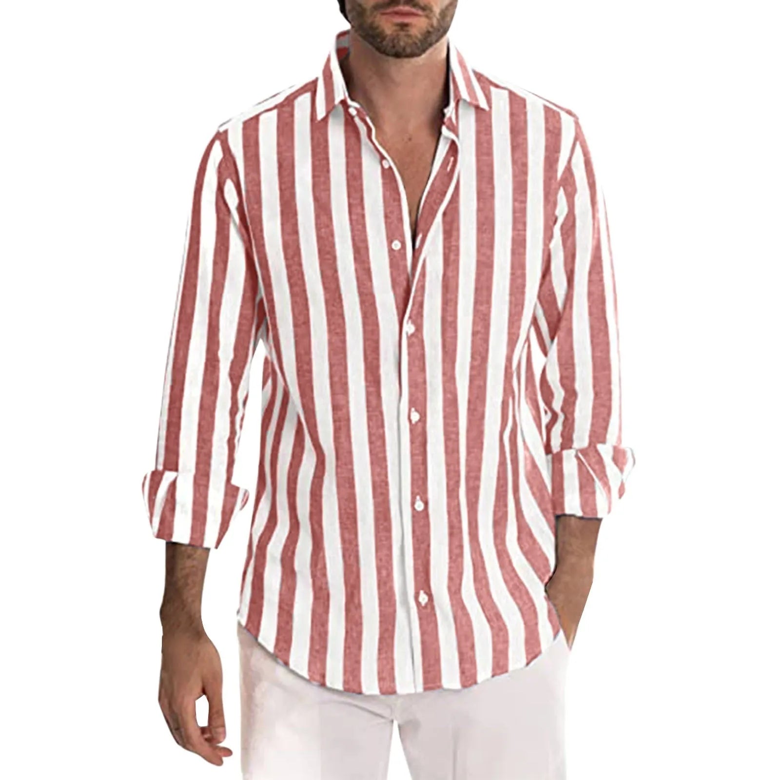 Men's striped casual shirt in loose fit with long sleeves and cardigan style