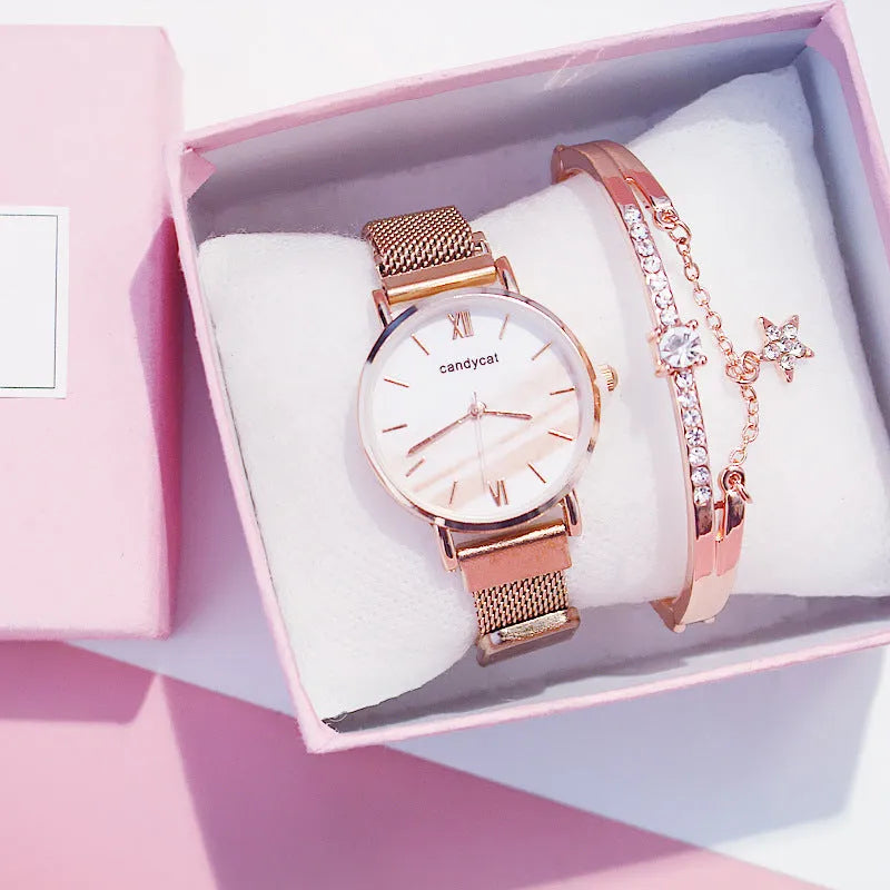 Women's retro marble watch with 32mm round dial, alloy strap, and titanium case back on white background