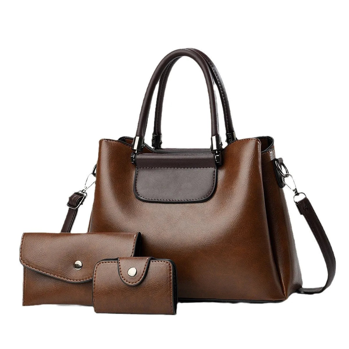 Large PU leather handbag set in horizontal square shape with matching medium and small pouches on white background