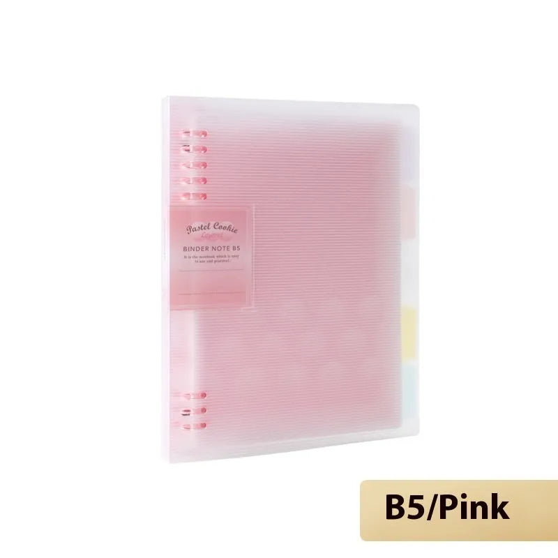 Loose-leaf spiral notebook with PP cover open, showing raw wood pulp pages in A5 or B5 size.