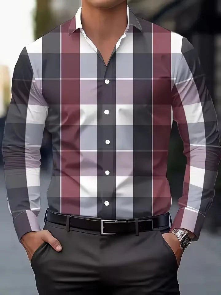 Men's printed long sleeve button-up shirt with lapel collar and striped pattern in polyester fabric