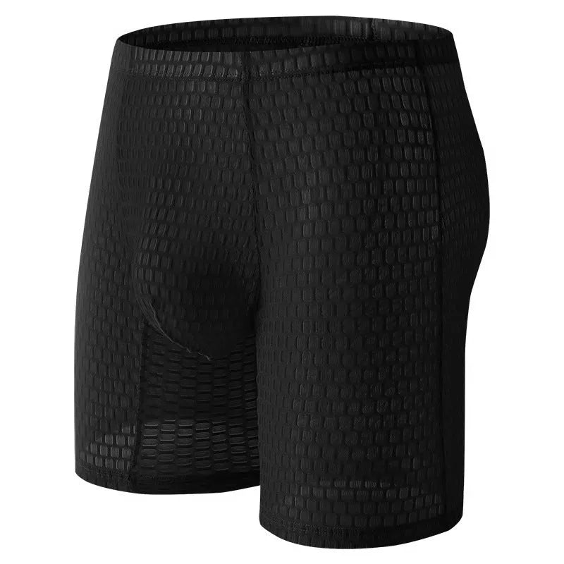 Men's solid colour lace boxer shorts on a white background, showing the textured fabric and hip-lifting shape.