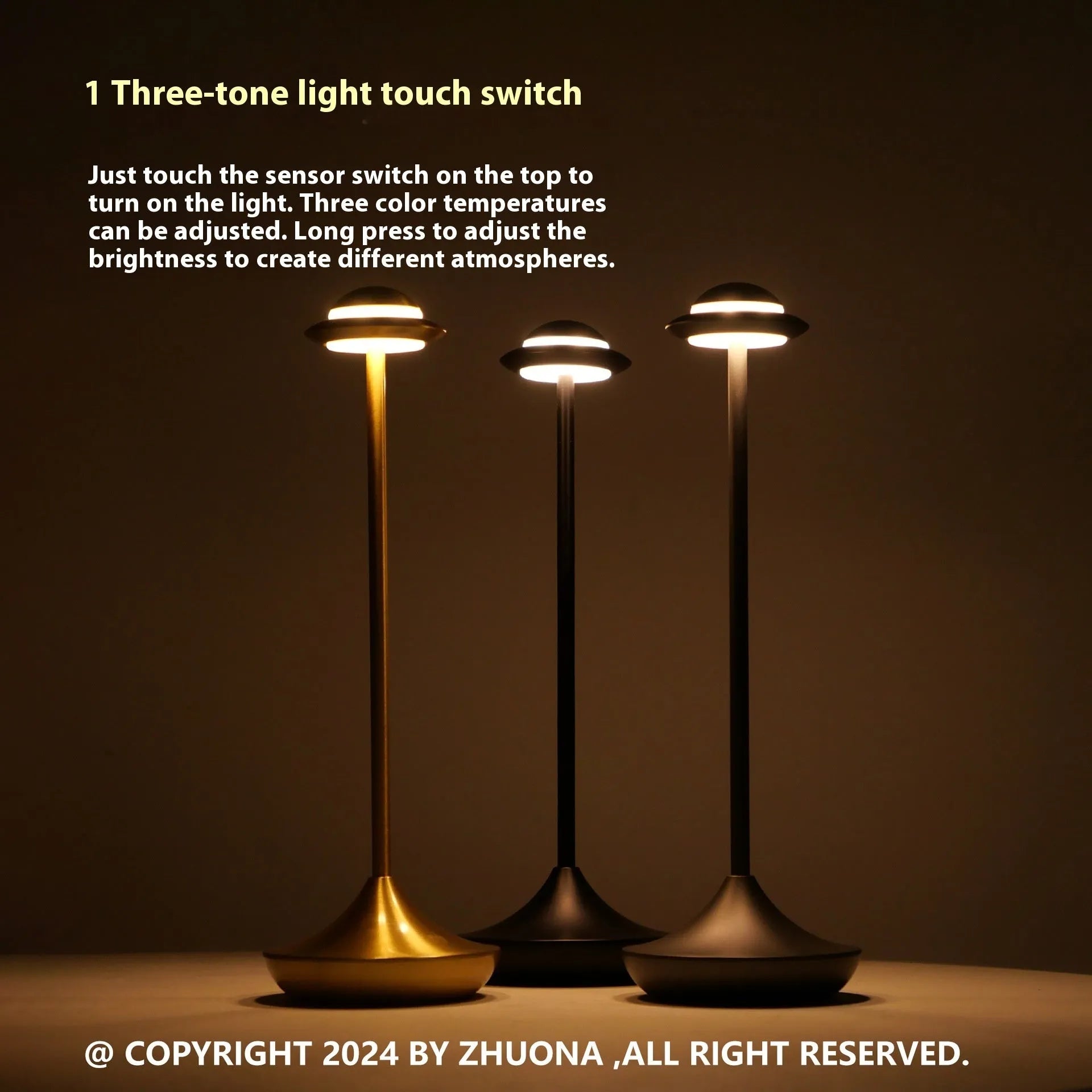 Creative metal UFO table lamp in black with touch dimming on a wooden desk.