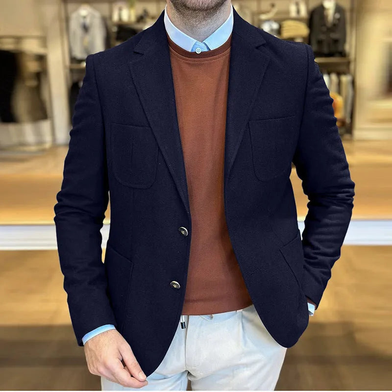 Men's casual cotton suit jacket in a loose fit retro style, shown in Army Green colour.